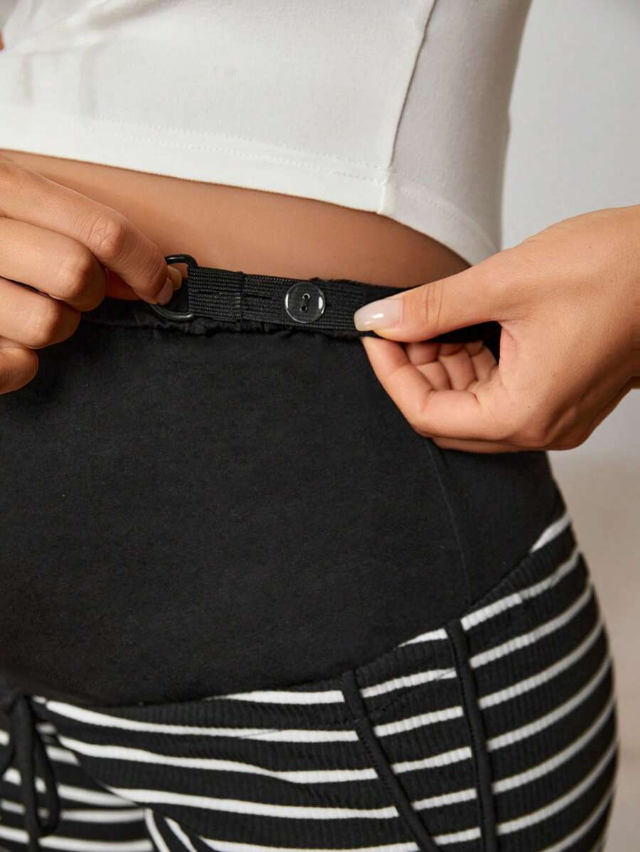 Maternity Striped High Waist Knitted Track Shorts with Adjustable Drawstring and Button Detail in Black