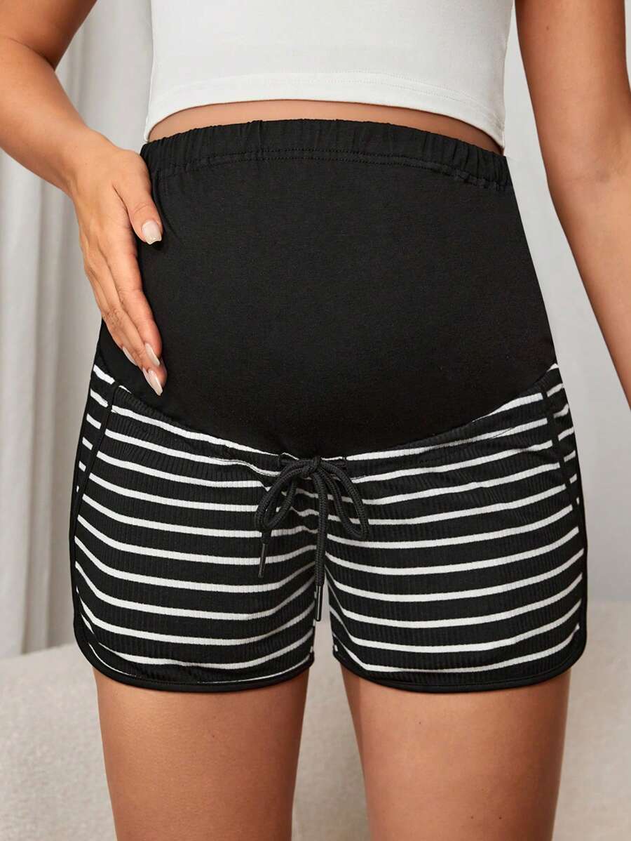 Maternity Striped High Waist Knitted Track Shorts with Adjustable Drawstring and Button Detail in Black