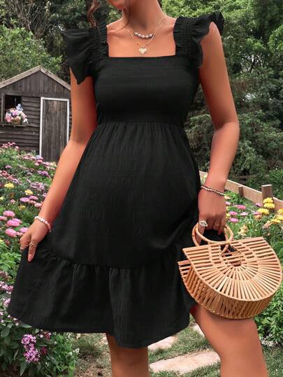 Maternity Square Neck Ruffle Trim A-Line Dress  Black High Waist Cap Sleeve Woven Short Sun Dress for Casual Summer Outfits