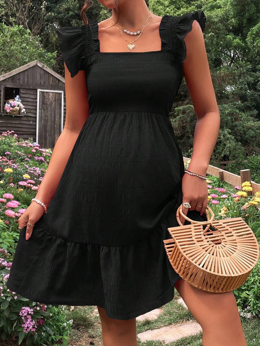 Maternity Square Neck Ruffle Trim A-Line Dress  Black High Waist Cap Sleeve Woven Short Sun Dress for Casual Summer Outfits