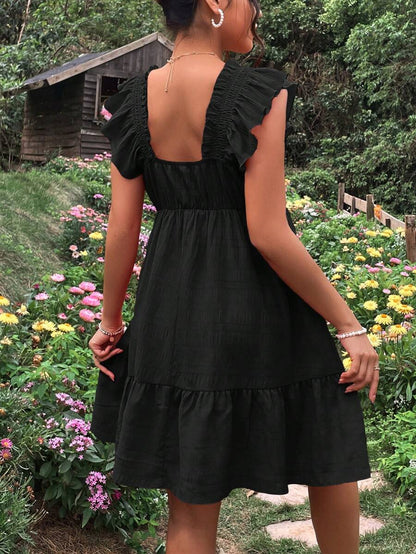 Maternity Casual Black Square Neck Ruffle Trim Dress with Flounce Cap Sleeves and High Waist A-Line Silhouette