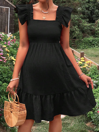 Maternity Square Neck Ruffle Trim A-Line Dress  Black High Waist Cap Sleeve Woven Short Sun Dress for Casual Summer Outfits