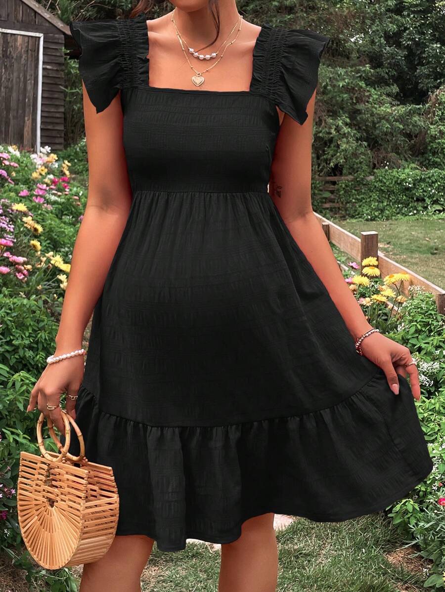 Maternity Casual Black Square Neck Ruffle Trim Dress with Flounce Cap Sleeves and High Waist A-Line Silhouette