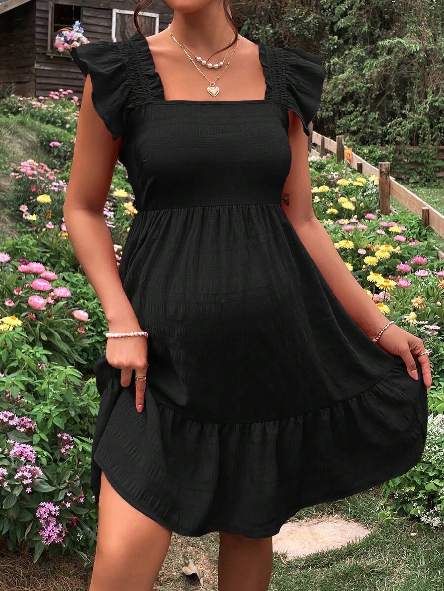 Maternity Casual Black Square Neck Ruffle Trim Dress with Flounce Cap Sleeves and High Waist A-Line Silhouette