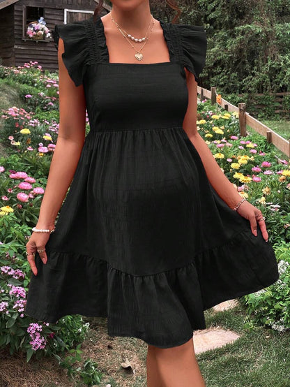 Maternity Square Neck Ruffle Trim A-Line Dress  Black High Waist Cap Sleeve Woven Short Sun Dress for Casual Summer Outfits