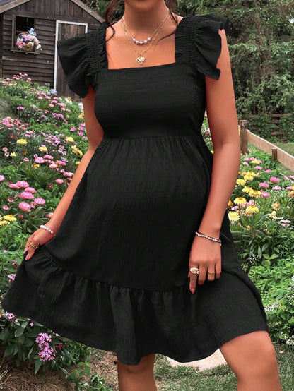 Maternity Casual Black Square Neck Ruffle Trim Dress with Flounce Cap Sleeves and High Waist A-Line Silhouette