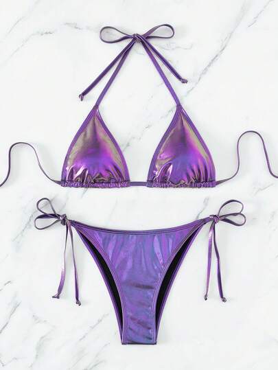 Swim Vcay Summer Beach Metallic Halter Triangle Tie Side Bikini Set