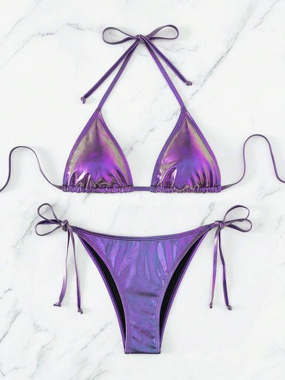 Swim Vcay Summer Beach Metallic Halter Triangle Tie Side Bikini Set