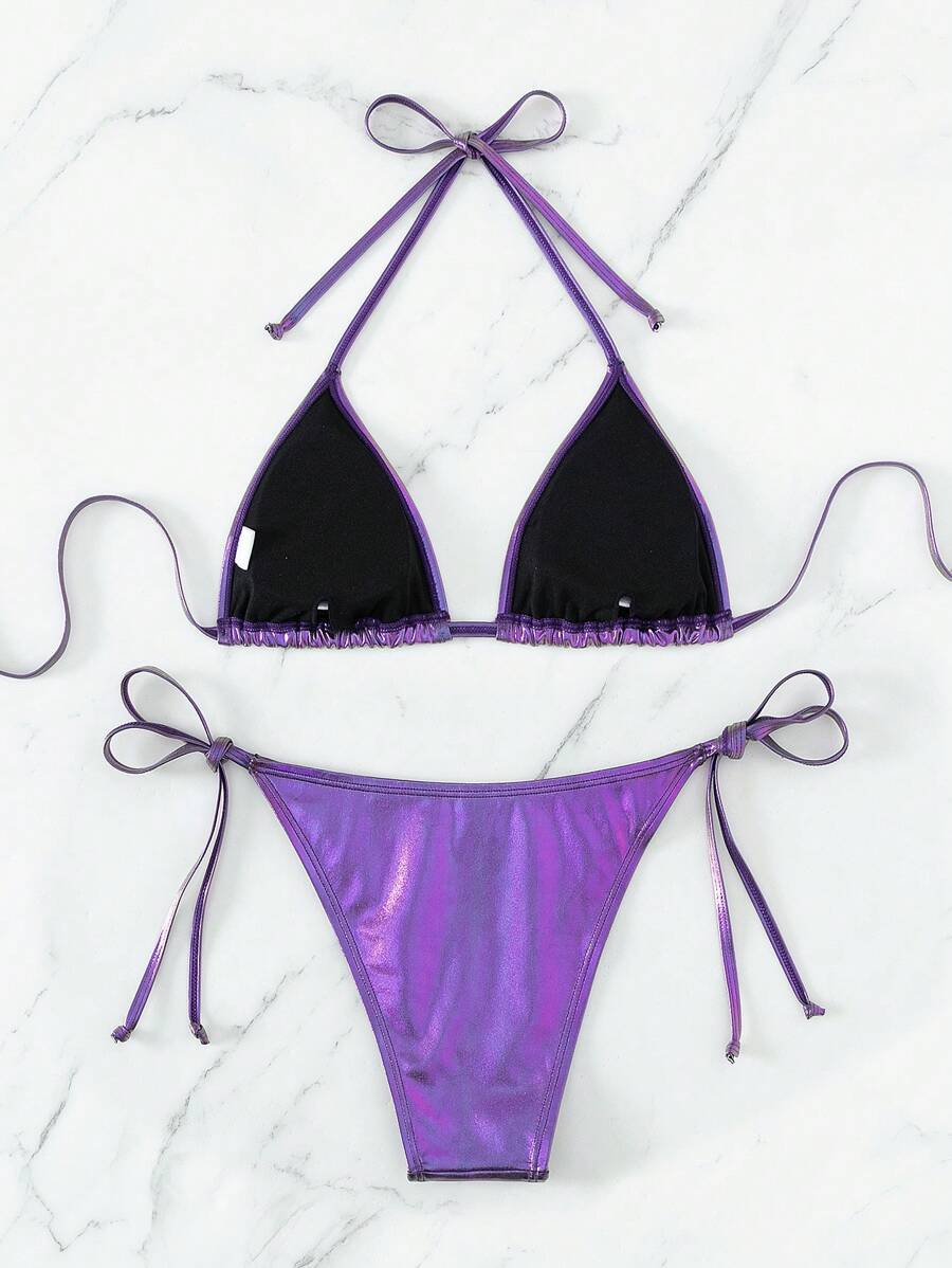Swim Vcay Summer Beach Metallic Halter Triangle Tie Side Bikini Set