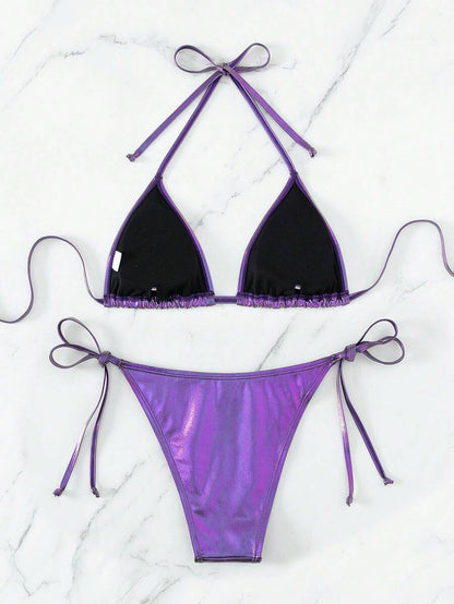Swim Vcay Summer Beach Metallic Halter Triangle Tie Side Bikini Set