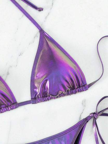 Swim Vcay Solid Color Halter Twist Split Bikini Set For Summer Beach Vacation
