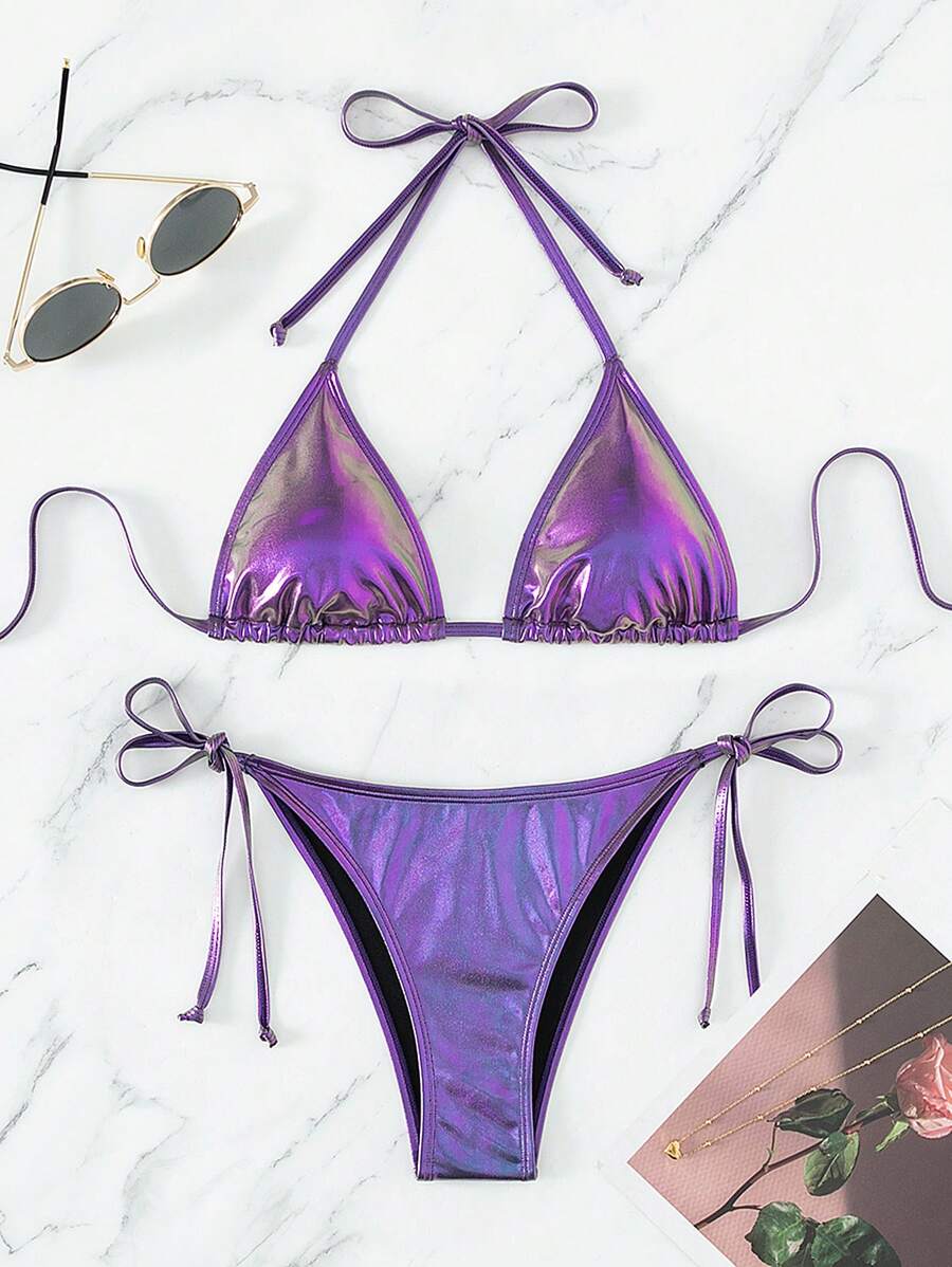 Swim Vcay Summer Beach Metallic Halter Triangle Tie Side Bikini Set
