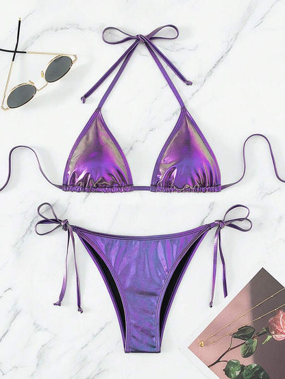 Swim Vcay Summer Beach Metallic Halter Triangle Tie Side Bikini Set
