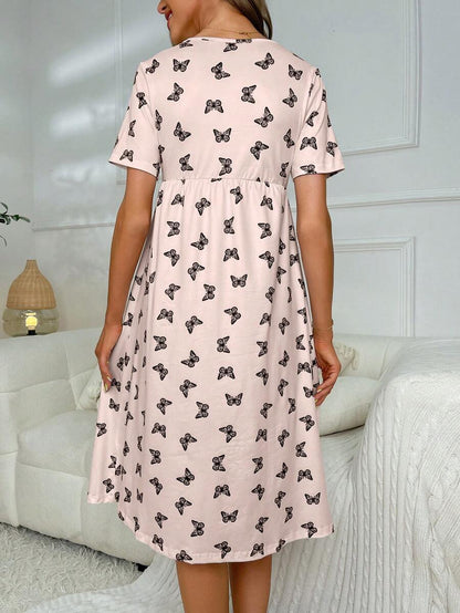 Maternity Butterfly Print Lace Trim Surplice Neck Nightgown Women Pajama Dress Breastfeeding Sleepwear