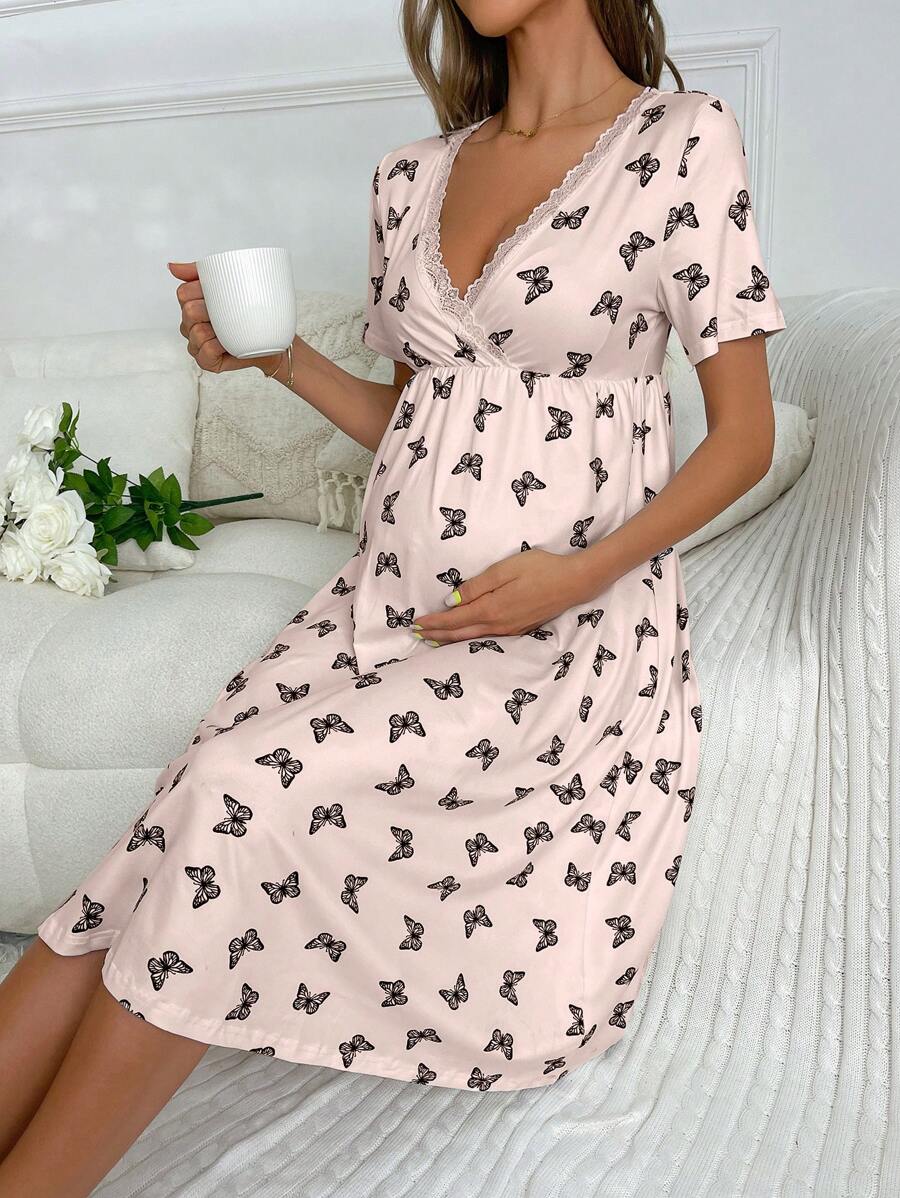 Maternity Butterfly Print Lace Trim Surplice Neck Nightgown Women Pajama Dress Breastfeeding Sleepwear