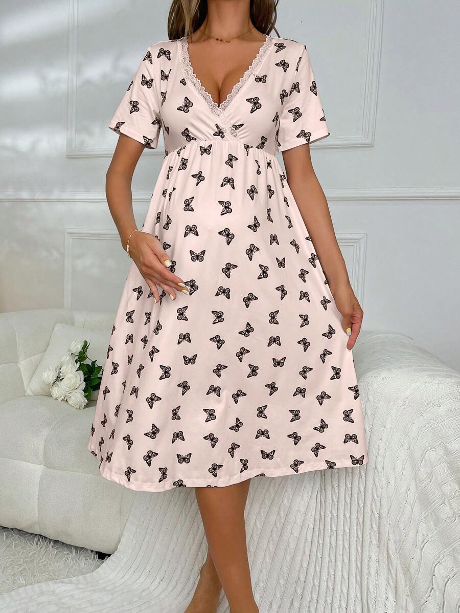 Maternity Butterfly Print Lace Trim Surplice Neck Nightgown Women Pajama Dress Breastfeeding Sleepwear