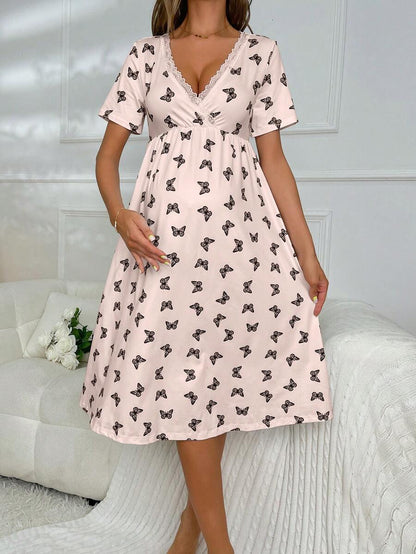 Maternity Butterfly Print Lace Trim Surplice Neck Nightgown Women Pajama Dress Breastfeeding Sleepwear