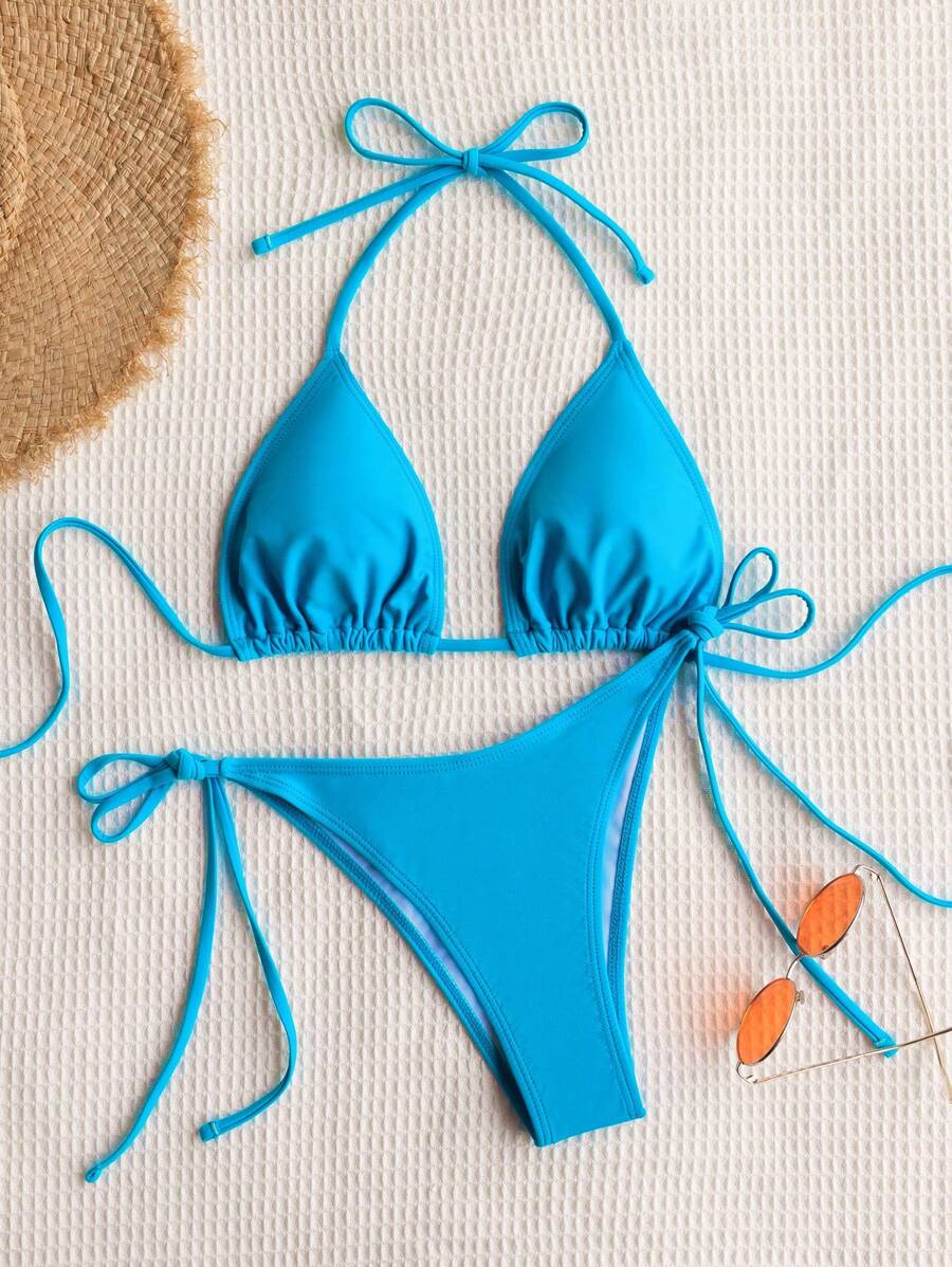 Swim Mod Women's Solid Color Halter Neck Bikini Set, Summer Vacation Beach