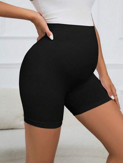 Maternity High Waist Biker Shorts - Solid Color Comfortable Pregnancy Fit