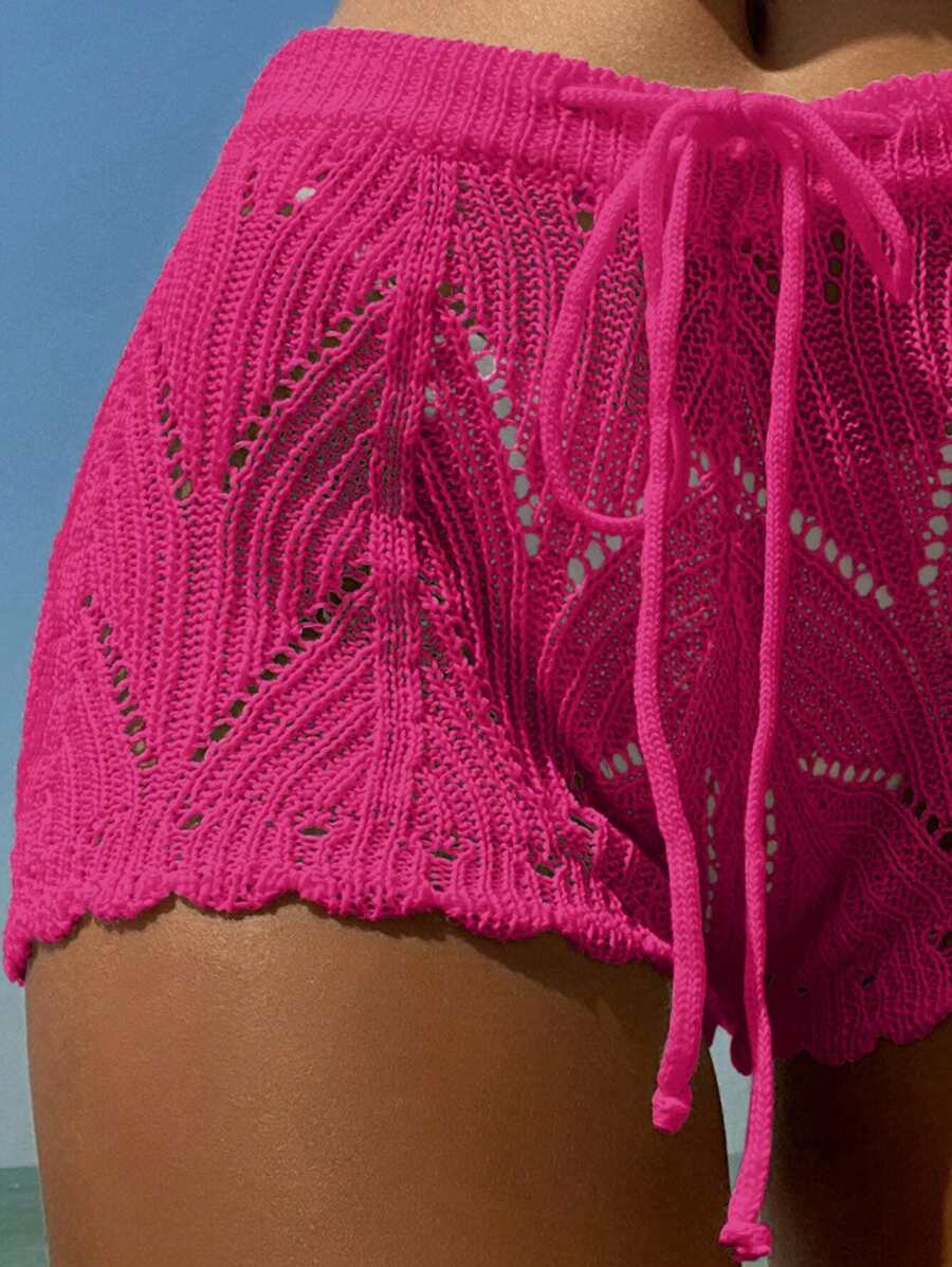 Swim Vcay Summer Beach Hollow Out Drawstring Waist Cover Up Shorts