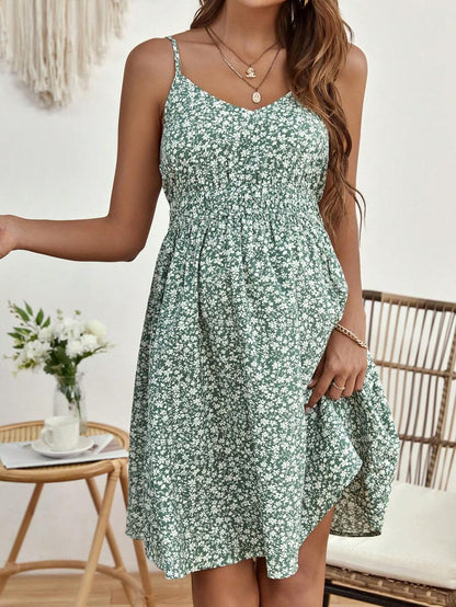 Maternity Ditsy Floral Backless Cami Dress Boho Spaghetti Strap High Waist Flared Short Summer Dress in Green