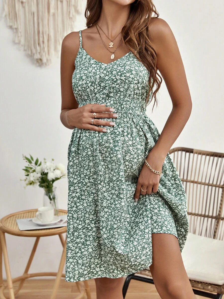 Maternity Ditsy Floral Backless Cami Dress Boho Spaghetti Strap High Waist Flared Short Summer Dress in Green