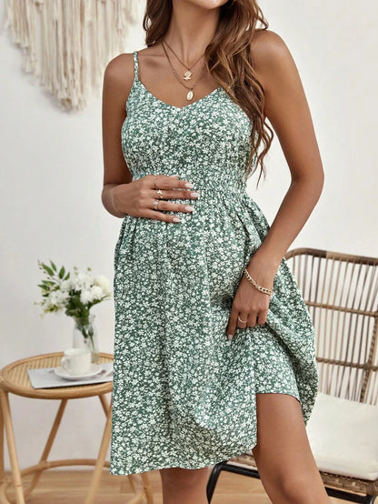 Maternity Ditsy Floral Backless Cami Dress Boho Spaghetti Strap High Waist Flared Short Summer Dress in Green