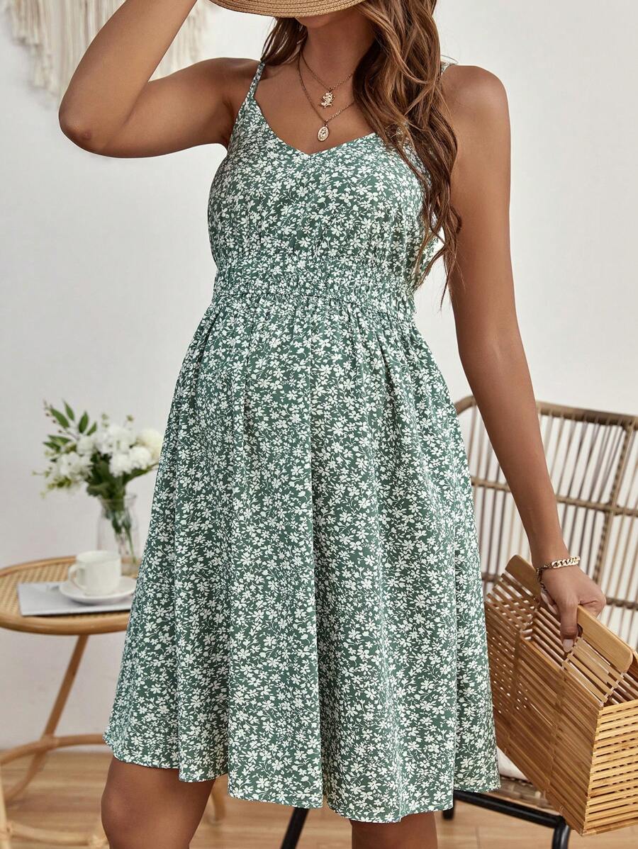 Maternity Ditsy Floral Backless Cami Dress Boho Spaghetti Strap High Waist Flared Short Summer Dress in Green