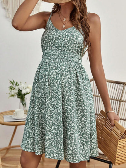 Maternity Ditsy Floral Backless Cami Dress Boho Spaghetti Strap High Waist Flared Short Summer Dress in Green