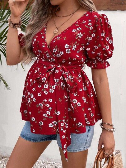 Maternity Blouse - Ditsy Floral Print Puff Sleeve Belted, Multicolor