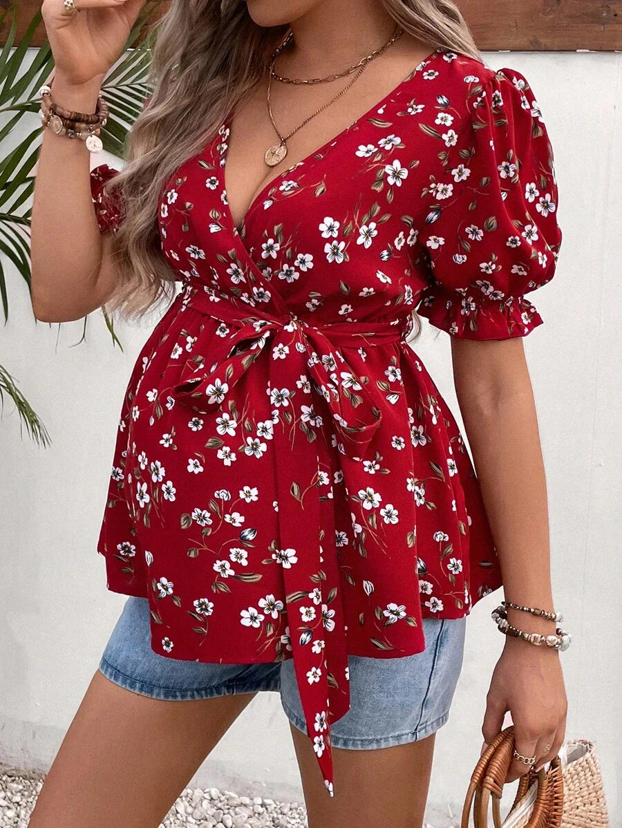 Maternity Blouse - Ditsy Floral Print Puff Sleeve Belted, Multicolor