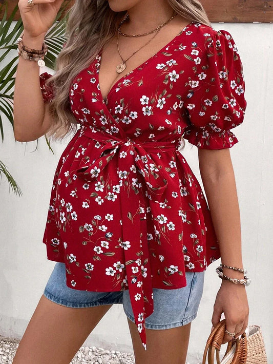 Maternity Blouse - Ditsy Floral Print Puff Sleeve Belted, Multicolor