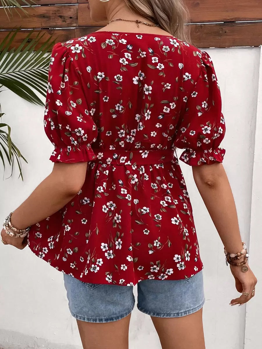 Maternity Blouse - Ditsy Floral Print Puff Sleeve Belted, Multicolor