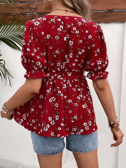 Maternity Blouse - Ditsy Floral Print Puff Sleeve Belted, Multicolor