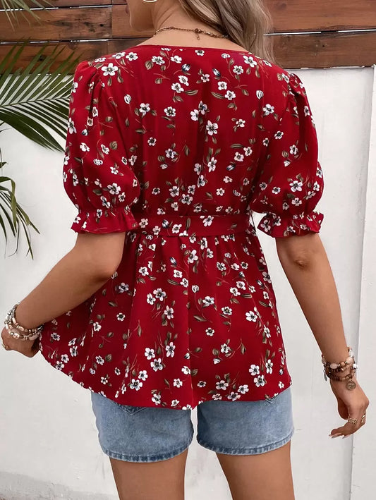 Maternity Blouse - Ditsy Floral Print Puff Sleeve Belted, Multicolor