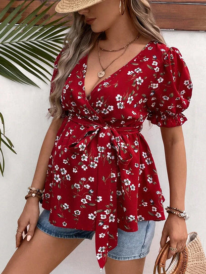 Maternity Blouse - Ditsy Floral Print Puff Sleeve Belted, Multicolor