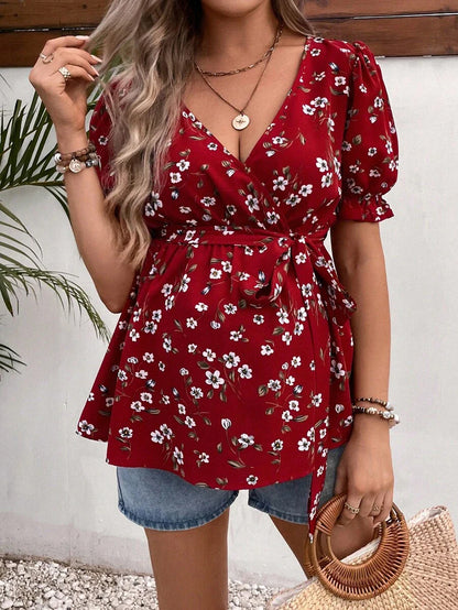 Maternity Blouse - Ditsy Floral Print Puff Sleeve Belted, Multicolor