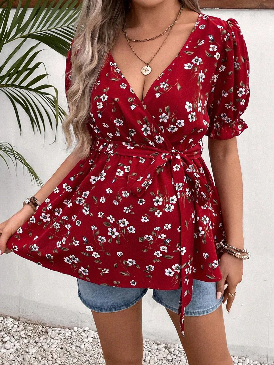 Maternity Blouse - Ditsy Floral Print Puff Sleeve Belted, Multicolor