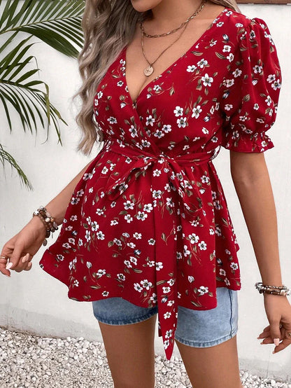 Maternity Blouse - Ditsy Floral Print Puff Sleeve Belted, Multicolor