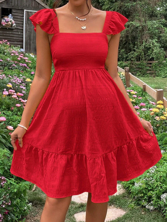 Maternity Casual Red Square Neck Tie Back Dress with Ruffle Hem and Flounce Sleeves for Baby Shower and Daily Wear