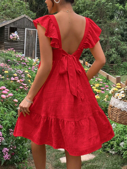 Maternity Casual Red Square Neck Tie Back Dress with Ruffle Hem and Flounce Sleeves for Baby Shower and Daily Wear