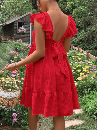Maternity Casual Red Square Neck Tie Back Dress with Ruffle Hem and Flounce Sleeves for Baby Shower and Daily Wear