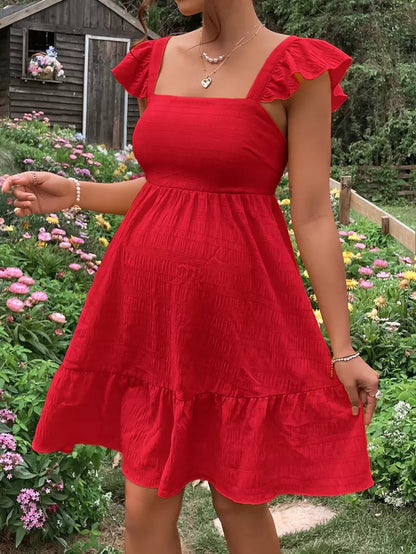 Maternity Casual Red Square Neck Tie Back Dress with Ruffle Hem and Flounce Sleeves for Baby Shower and Daily Wear