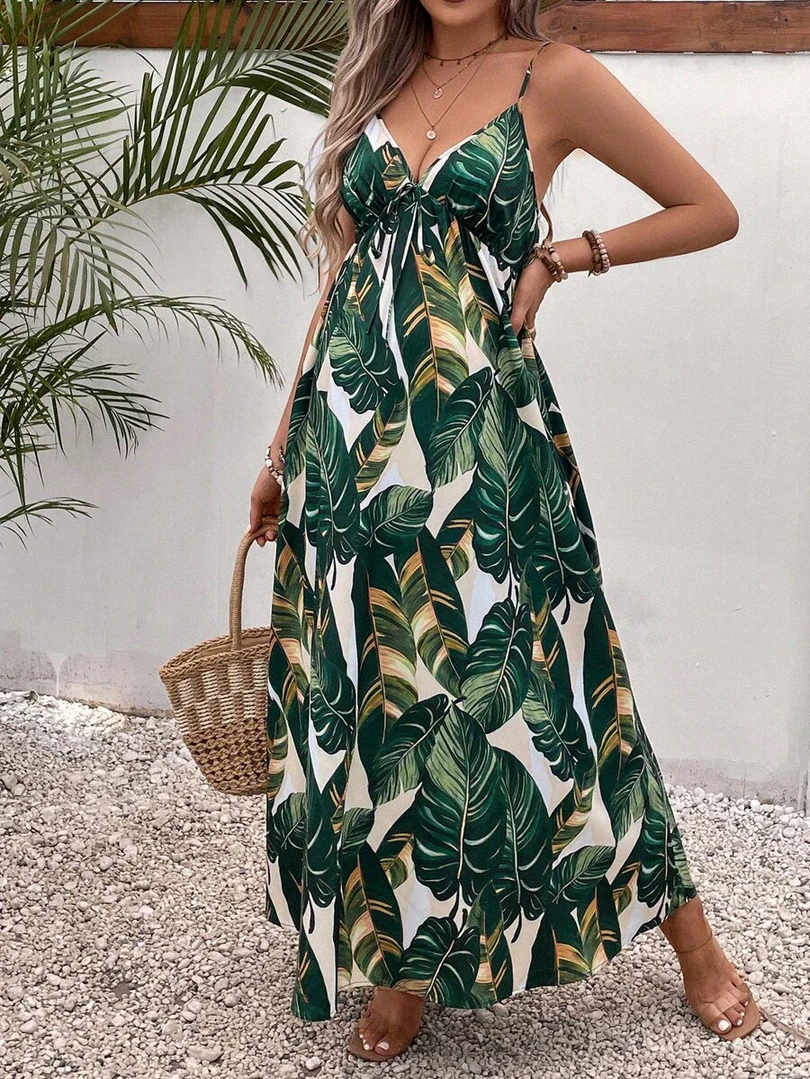 Maternity Tropical Print Backless Cami Maxi Dress Loose High Waist Boho Beach Dress with Flared Hem