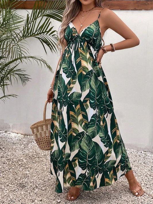 Maternity Tropical Print Backless Cami Maxi Dress Loose High Waist Boho Beach Dress with Flared Hem