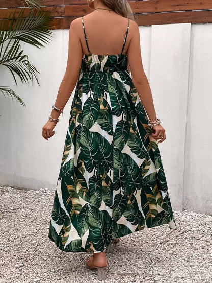 Maternity Tropical Print Backless Cami Maxi Dress Loose High Waist Boho Beach Dress with Flared Hem