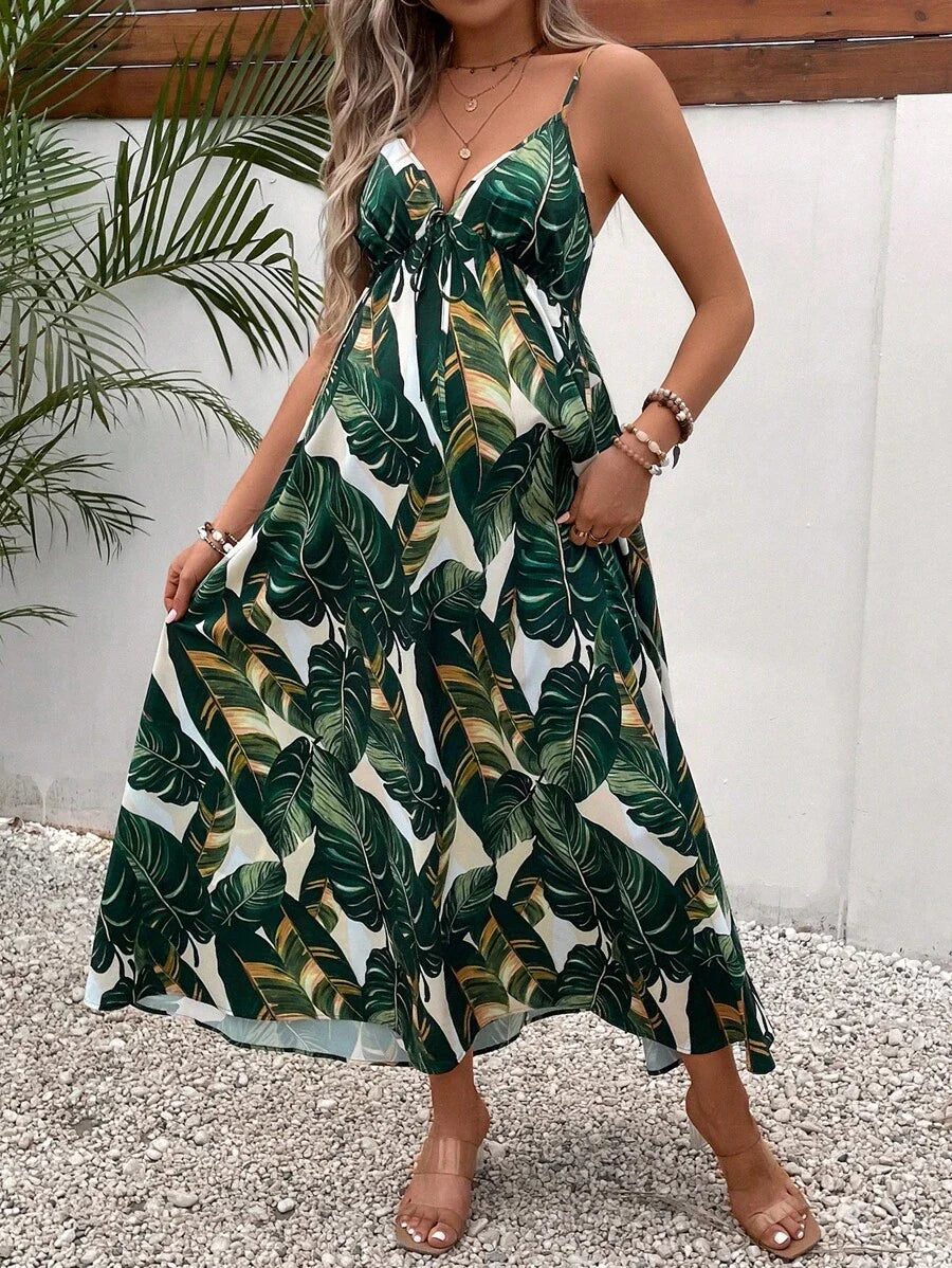 Maternity Tropical Print Backless Cami Maxi Dress Loose High Waist Boho Beach Dress with Flared Hem