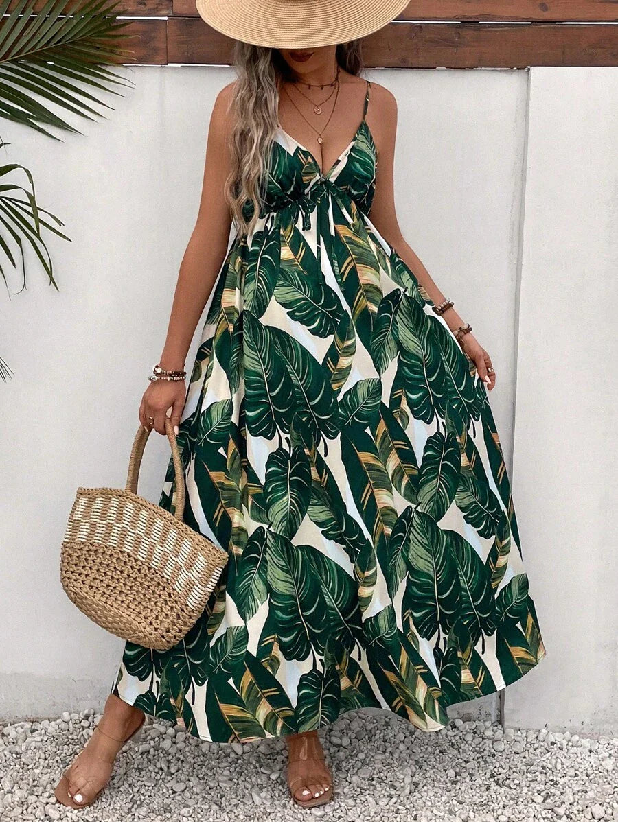 Maternity Tropical Print Backless Cami Maxi Dress Loose High Waist Boho Beach Dress with Flared Hem