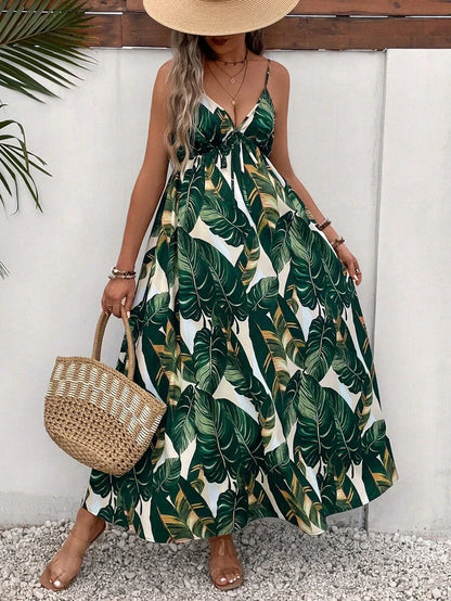 Maternity Tropical Print Backless Cami Maxi Dress Loose High Waist Boho Beach Dress with Flared Hem