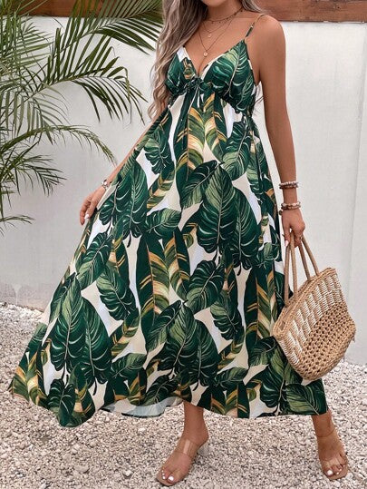 Maternity Tropical Print Backless Cami Maxi Dress Loose High Waist Boho Beach Dress with Flared Hem